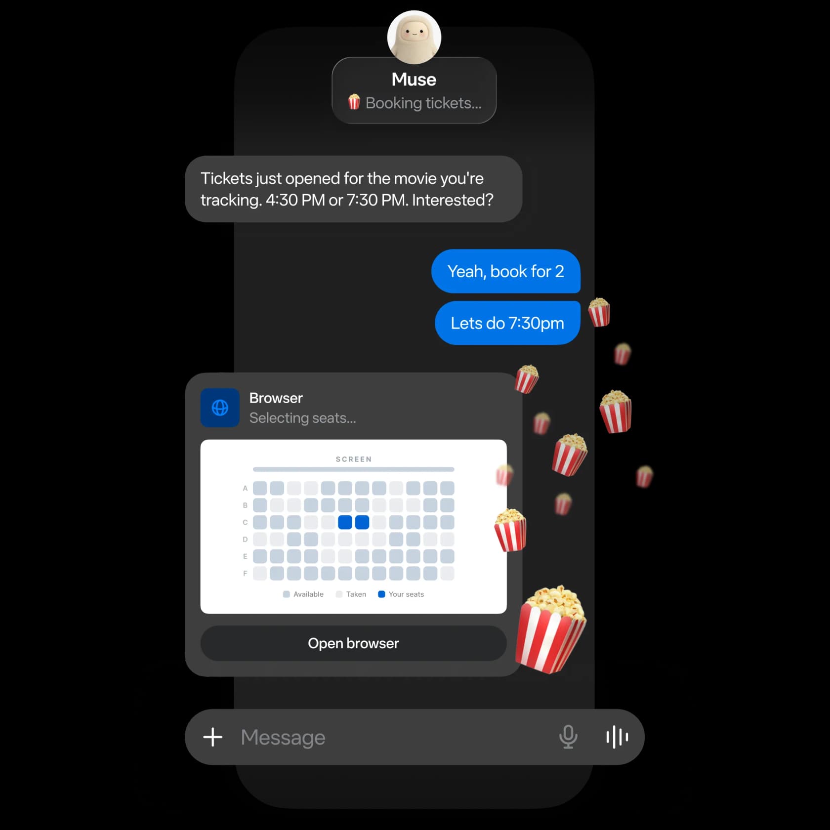 Muse's in-chat browser panel selecting seats on a booking site while the chat carries on above it, as taken from muse.ai