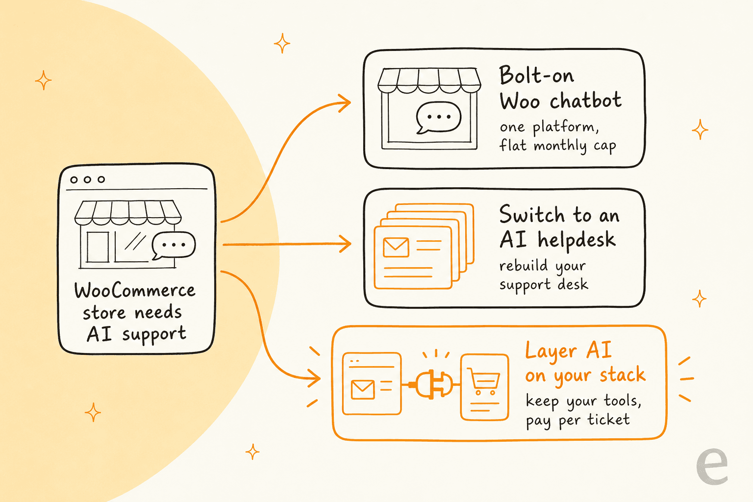 Three routes a WooCommerce store can take to add AI support: a bolt-on WooCommerce chatbot, switching to a full AI helpdesk, or layering AI onto your existing stack