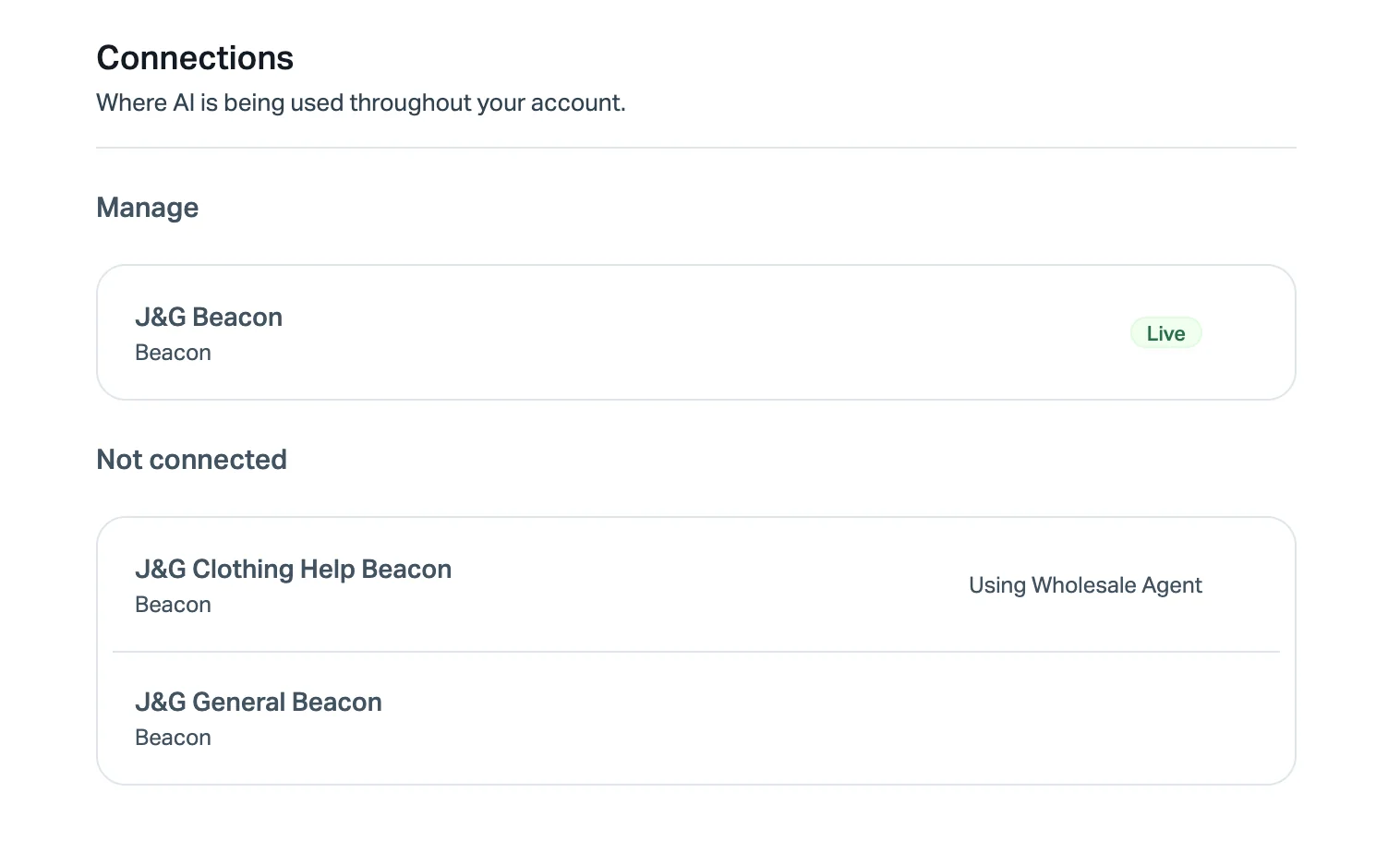 Help Scout AI Agent Connections panel listing three Beacons, one marked Using Wholesale Agent, as taken from Help Scout's AI Agents documentation