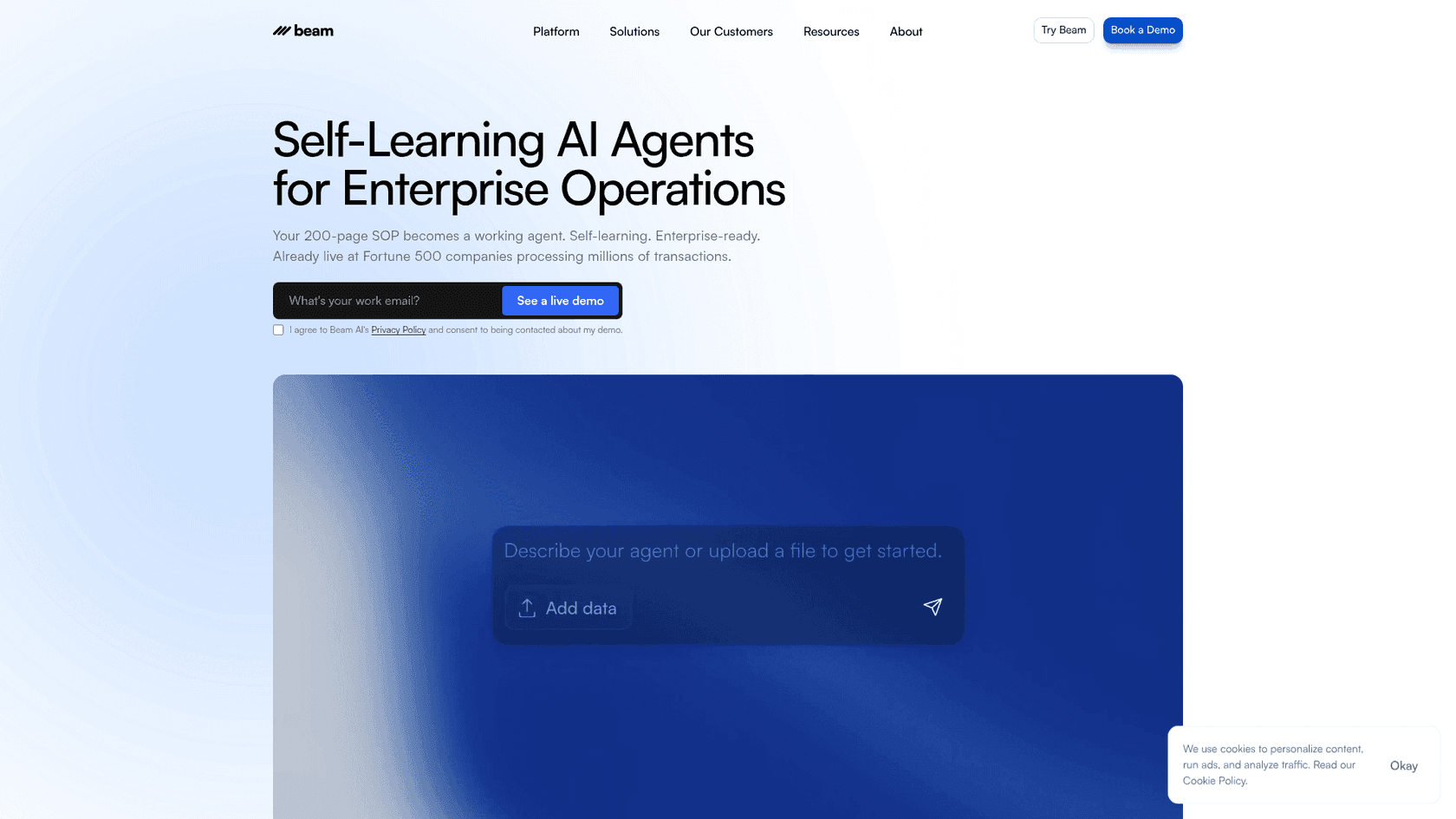 The Beam AI homepage presenting its enterprise Agent OS for back-office process automation