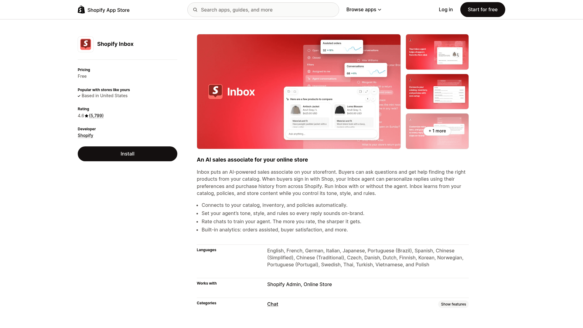 The Shopify Inbox app listing showing its 4.6 rating and AI sales associate positioning, as taken from the Shopify App Store