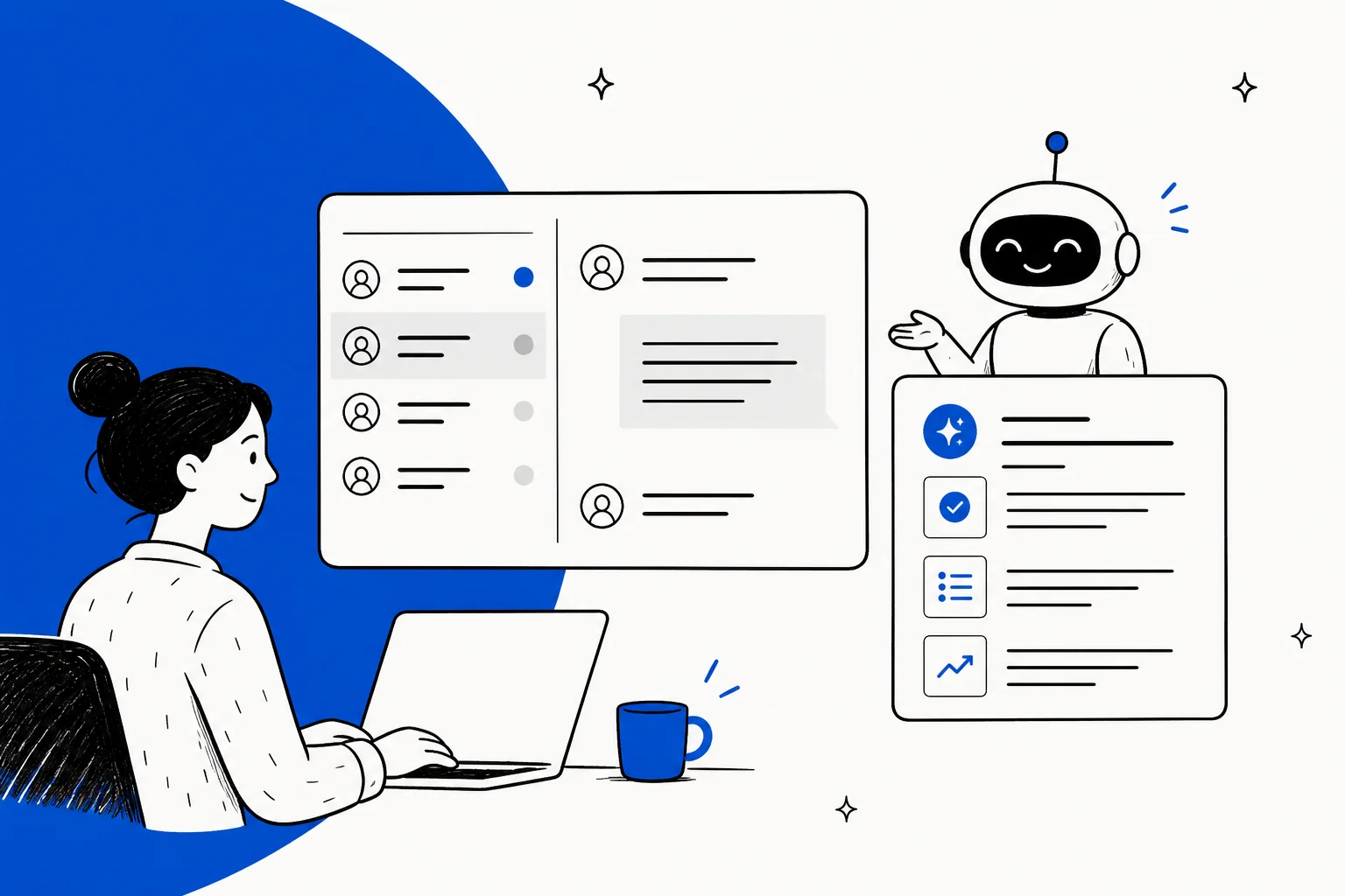 Illustration eines Serviceteams, das mit einem KI-Assistenten zusammenarbeitet, mit Anfragewarteschlangen und Reporting-Panels