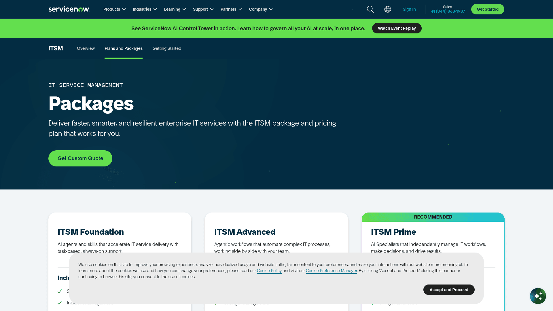 ServiceNow's ITSM pricing page showing the Foundation, Advanced, and Prime packages, each priced as "Get Custom Quote", as taken from ServiceNow