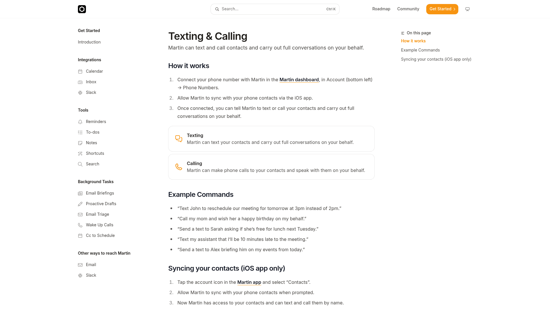 Martin's Texting and Calling docs page, explaining that Martin can text and call contacts and carry out full conversations on your behalf, with example commands, as taken from docs.trymartin.com