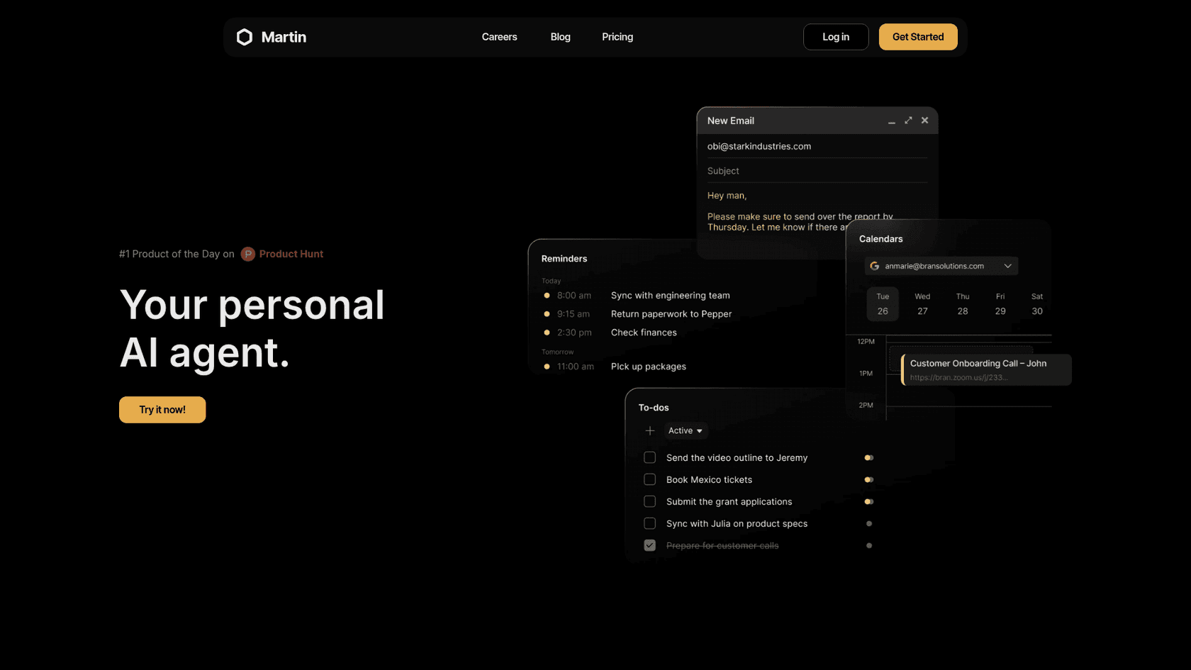 Martin's homepage headlined "Your personal AI agent" with a Try it now button and floating cards for a new email draft, reminders, to-dos and a calendar view, as captured from trymartin.com