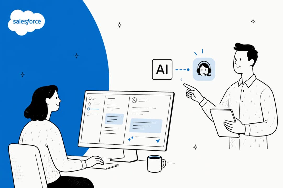 Illustration of an AI assistant reading and drafting replies on support cases inside Salesforce Service Cloud