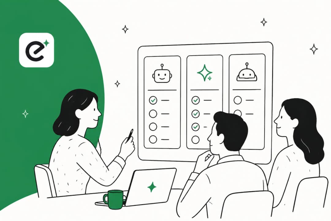 A team reviewing three AI agent options side by side on a whiteboard