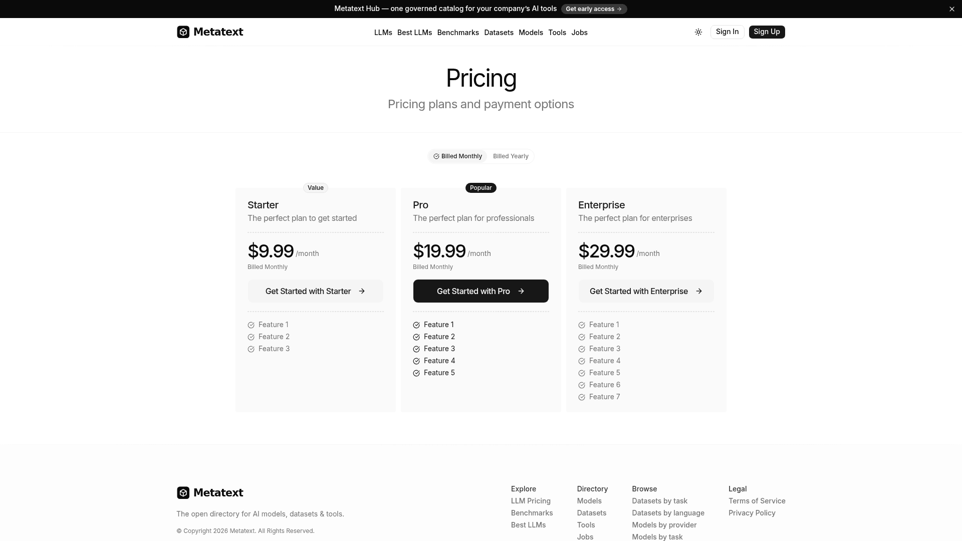 The Metatext pricing page on metatext.ai showing Starter, Pro and Enterprise tiers at $9.99, $19.99 and $29.99 with placeholder feature lists