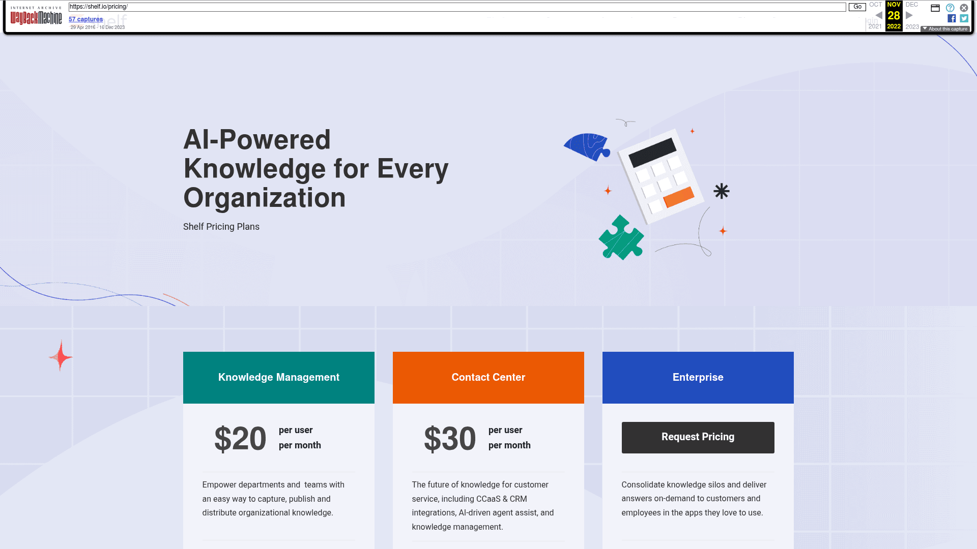 The archived November 2022 Shelf pricing page showing Knowledge Management at $20 per user per month and Contact Center at $30, as taken from the Internet Archive