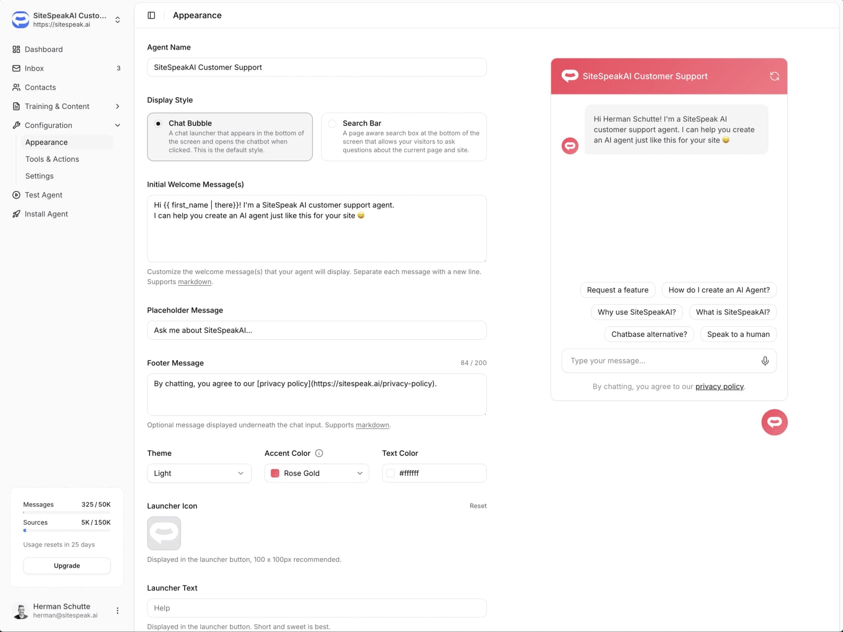 SiteSpeak Appearance settings with agent name, display style, welcome message and accent color, next to a live widget preview with suggested questions, as taken from SiteSpeak