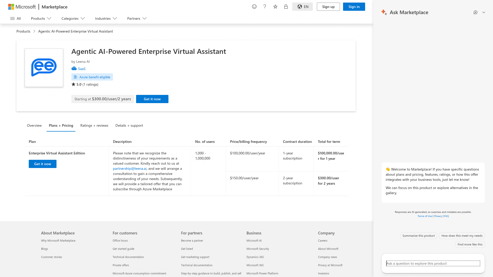 The Microsoft Marketplace listing for Leena AI, showing the $150 per user per year two-year rate and the 1,000 seat minimum, as taken from Microsoft Marketplace