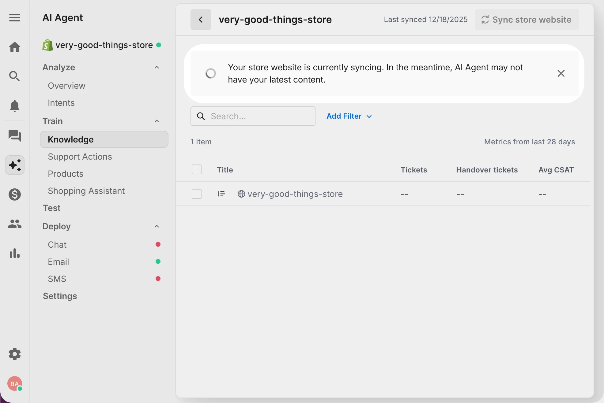 Gorgias AI Agent knowledge page showing a banner that the store website is currently syncing and the AI agent may not have the latest content, as taken from Gorgias's help center