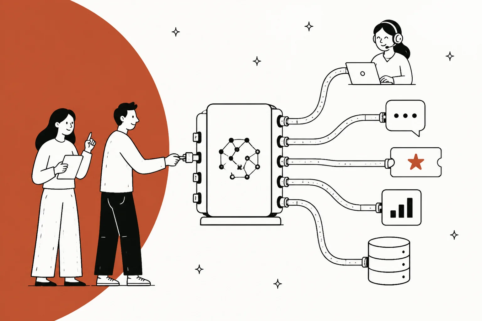 Illustrated banner for a guide on AI agent MCP servers, showing connector and port motifs in terracotta