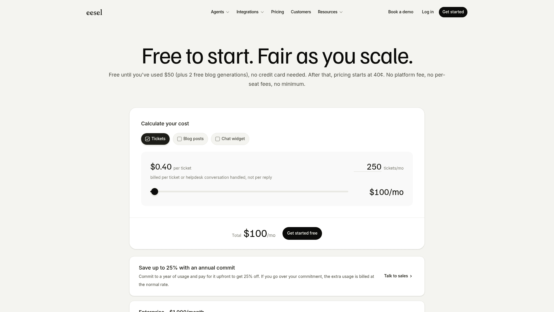 A screenshot of eesel AI's usage-based pricing page, showing the per-ticket cost calculator.