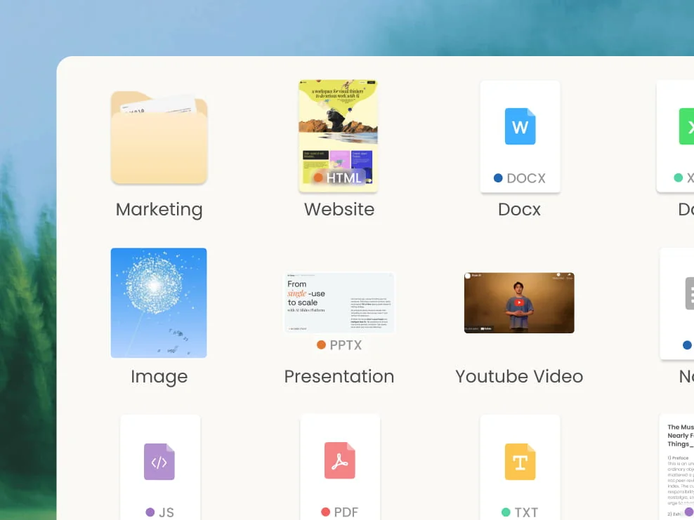 Kuse organizes uploaded files, links, videos, and generated outputs into one workspace, as taken from Kuse