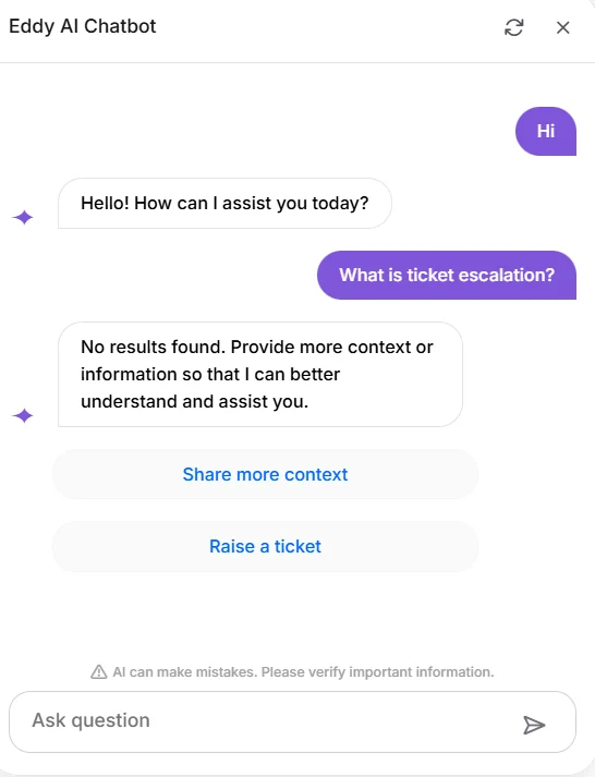 Document360's Eddy AI Chatbot returning "no results found" and offering to raise a ticket, as taken from Document360