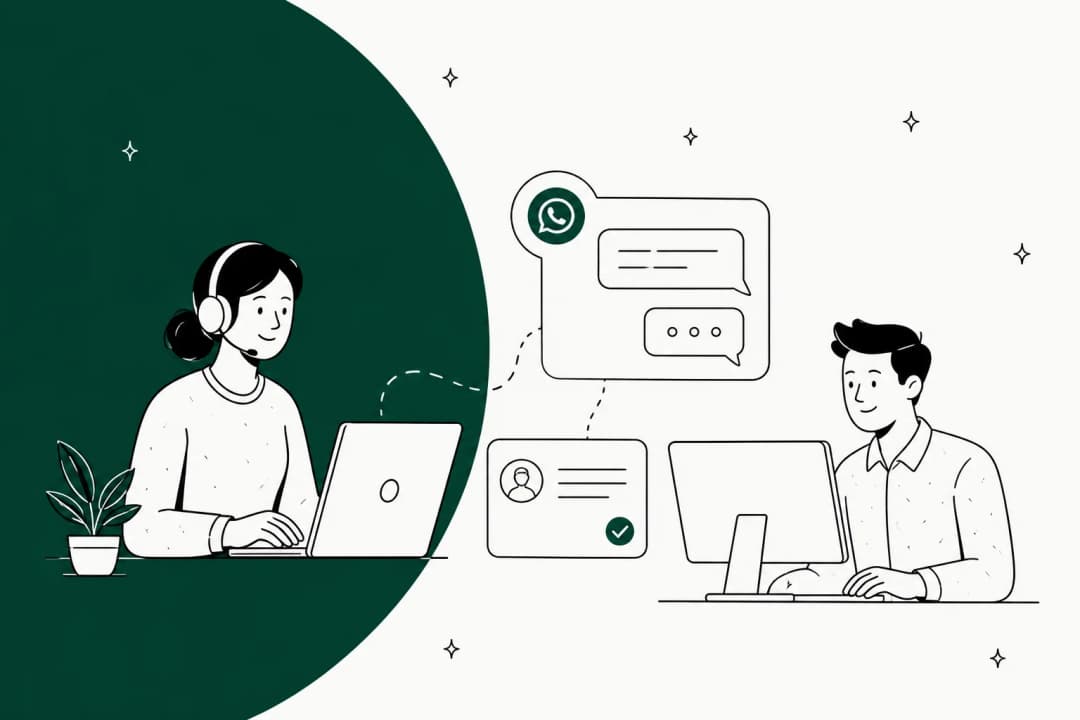 Hand-drawn illustration of a support agent with a headset and a teammate at a desktop, linked by dotted lines to a WhatsApp chat card and a ticket card