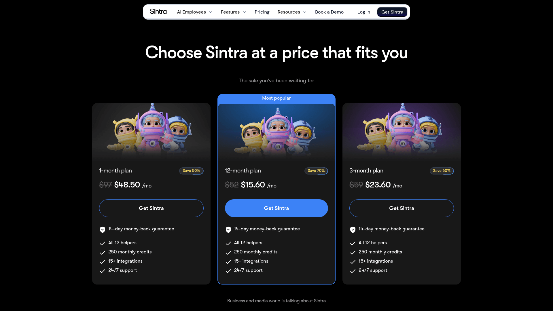 Sintra pricing page showing 1-month, 12-month and 3-month plans on sale at $48.50, $15.60 and $23.60 per month with 250 monthly credits each, as taken from Sintra