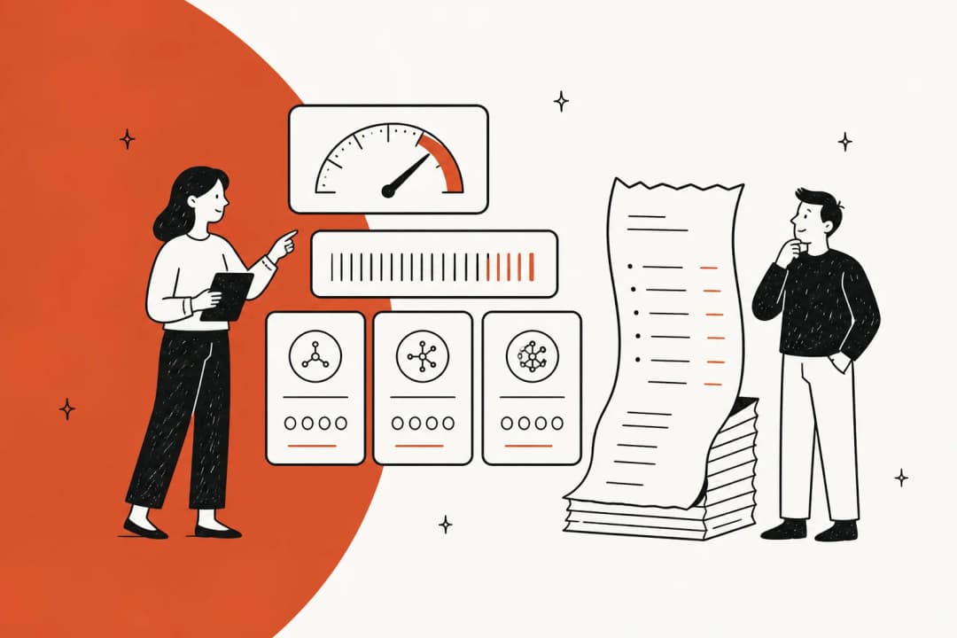 Two people reviewing token meters, per-million-token price cards and a long printed bill