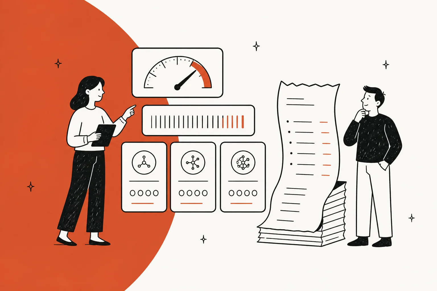 Two people reviewing token meters, per-million-token price cards and a long printed bill