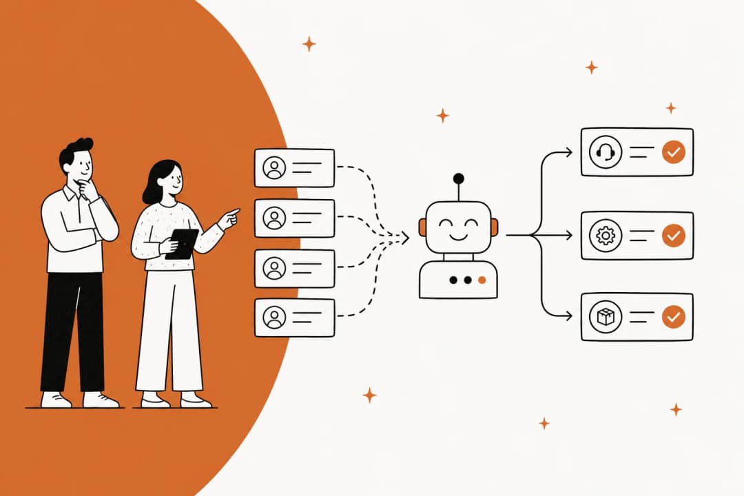 Illustration of a support ticket queue being sorted and resolved automatically, for a 2026 guide to automated ticketing systems