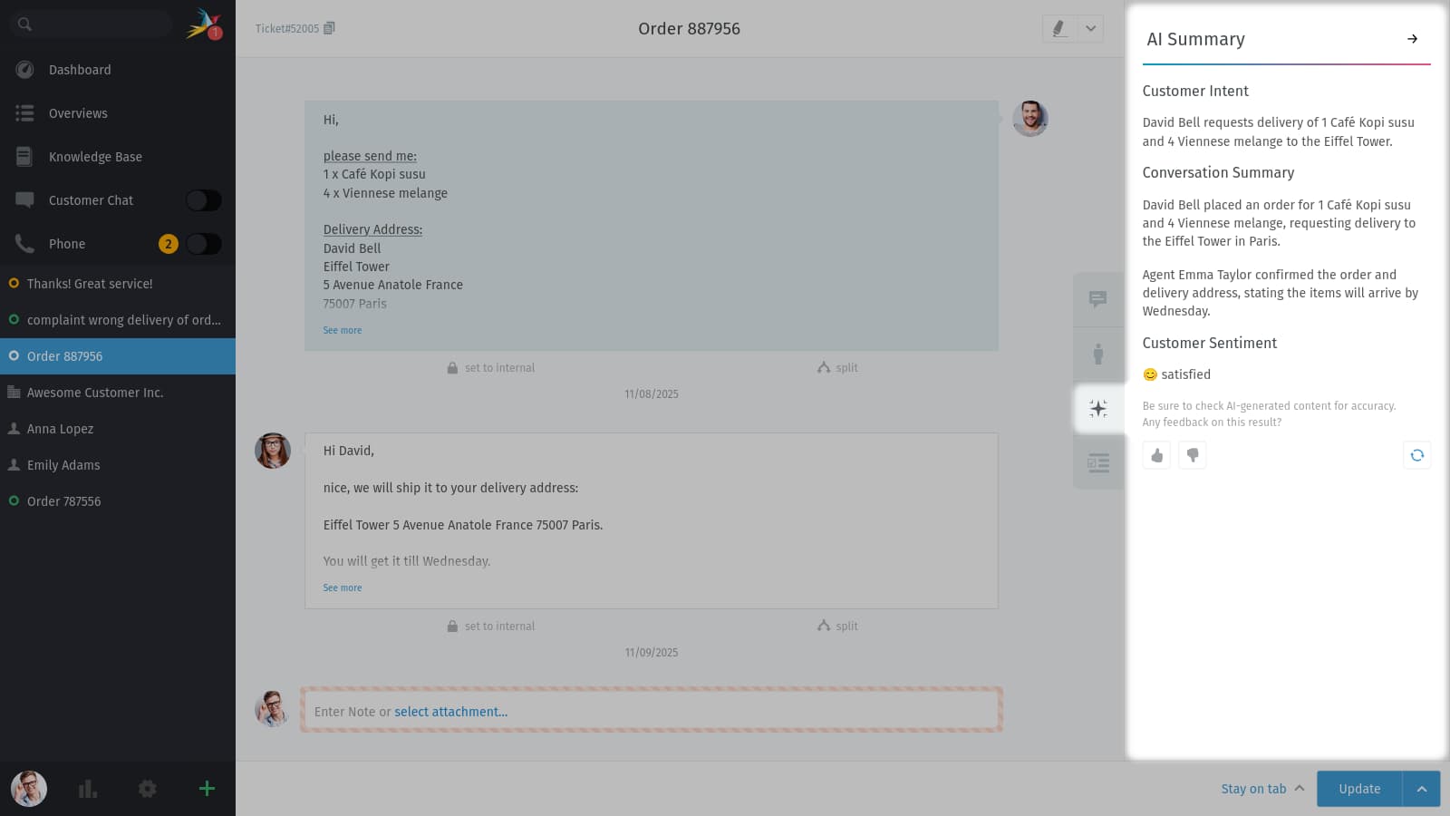 Zammad AI Summary panel showing customer intent, a conversation summary, a satisfied sentiment reading and thumbs up or down feedback buttons, as taken from the Zammad user docs