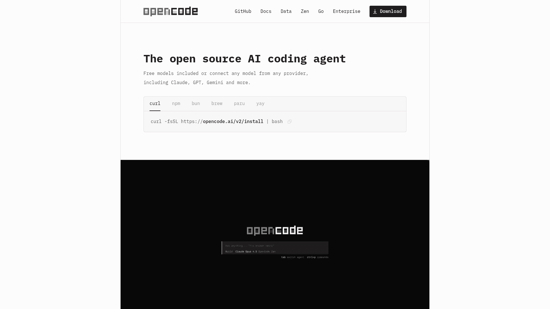The OpenCode homepage, headlined "The open source AI coding agent", with a curl install command and a preview of the terminal interface, as taken from OpenCode