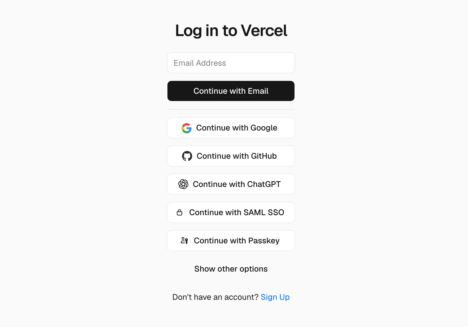 Vercel's login page with Continue with ChatGPT listed alongside Google, GitHub, SAML SSO and Passkey, as shown in Vercel's changelog