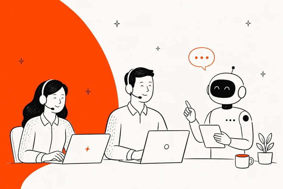 Illustration of two outsourced support agents and an AI assistant working side by side