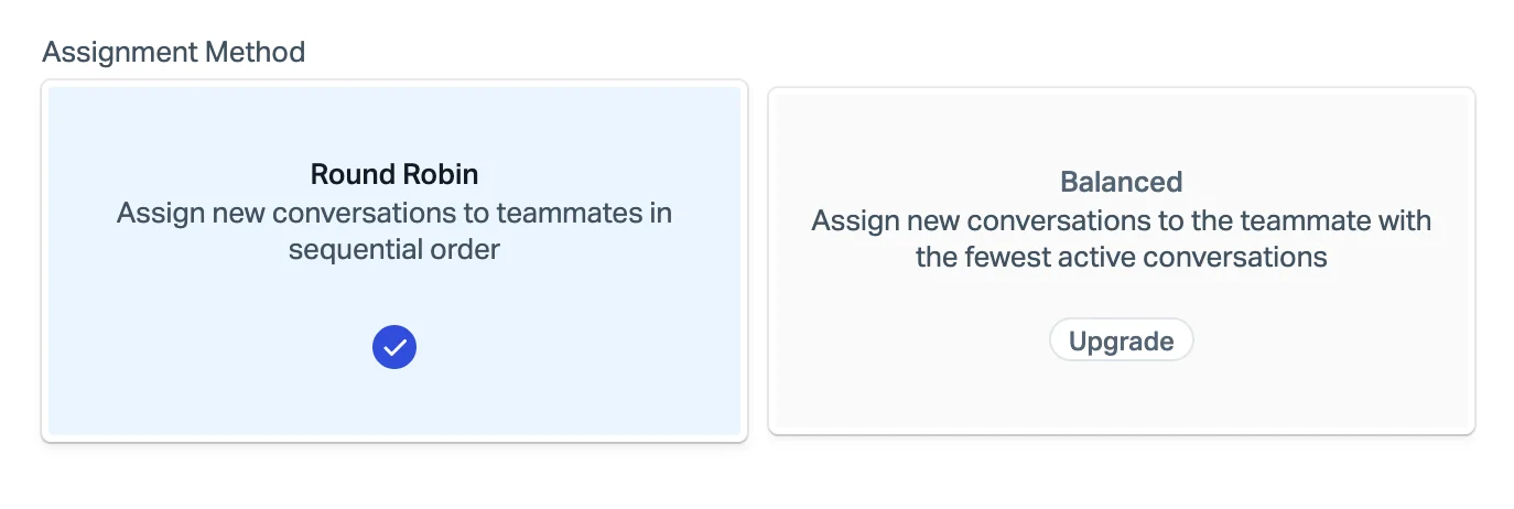 Help Scout assignment method settings with Round Robin selected and the Balanced option showing an Upgrade button, as taken from Help Scout's routing docs