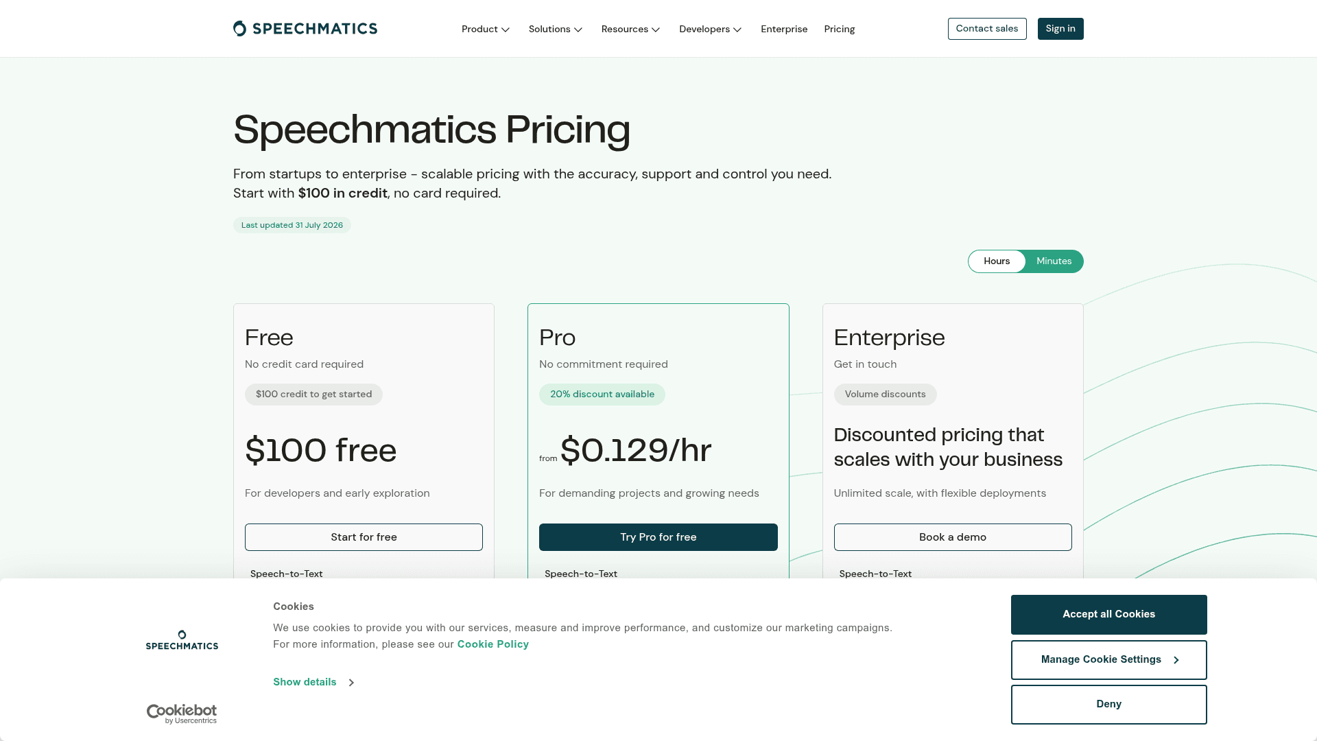 The Speechmatics pricing page showing Free, Pro, and Enterprise tiers, as taken from Speechmatics