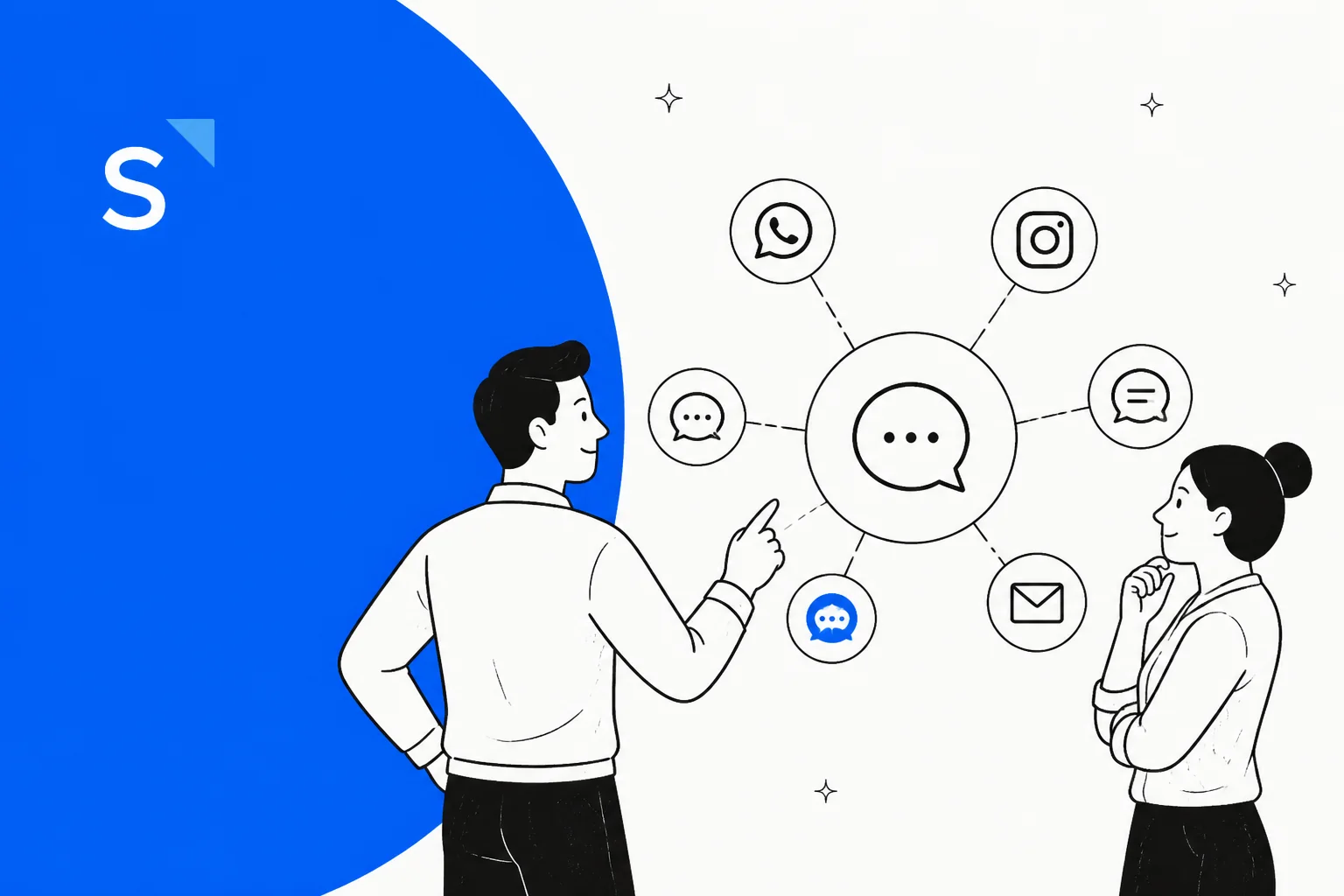 Two people looking at a network of messaging channel icons including WhatsApp and Instagram, next to the SleekFlow logo