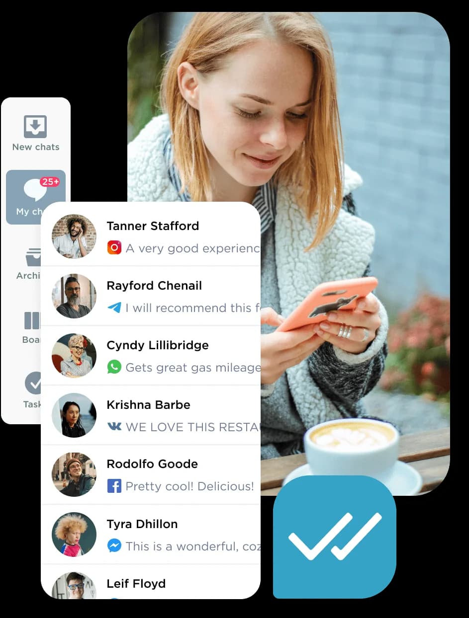 Umnico's shared inbox showing conversations from Instagram, Telegram, WhatsApp and Facebook in one list, as taken from Umnico