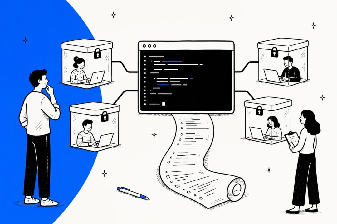 A developer looking at a terminal window with sealed glass workspaces branching off it and a long paper log unspooling underneath