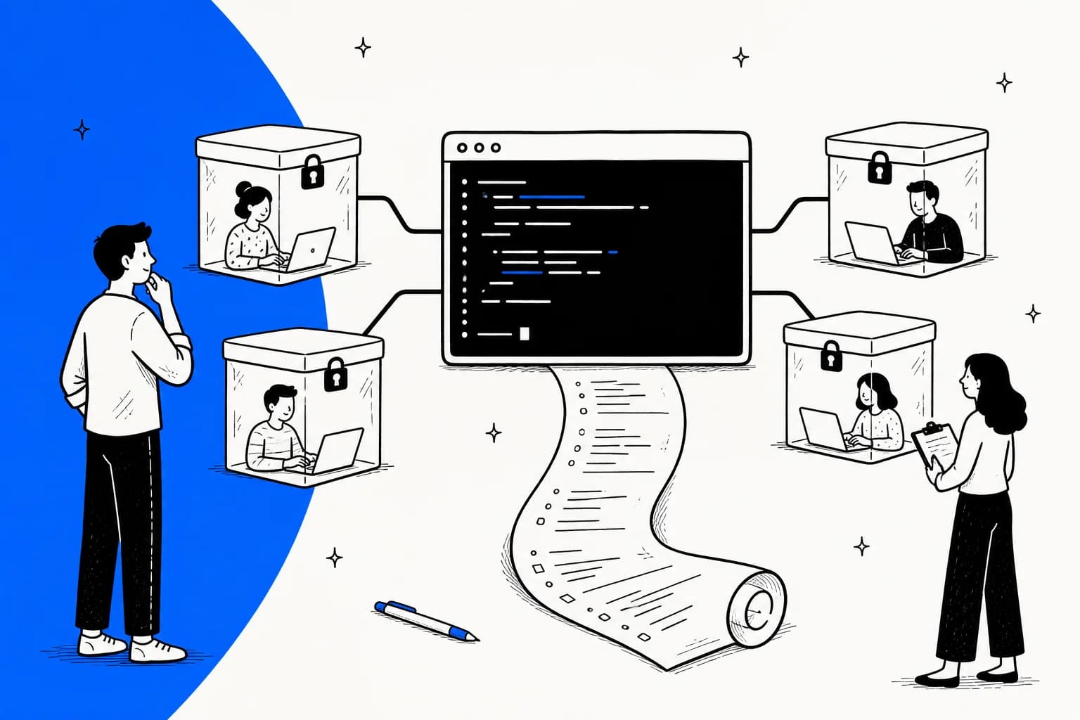 A developer looking at a terminal window with sealed glass workspaces branching off it and a long paper log unspooling underneath
