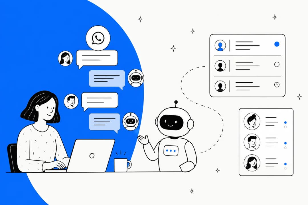 Hand-drawn illustration of a support agent at a laptop with WhatsApp chat bubbles, a friendly AI robot, and help desk ticket and contact lists