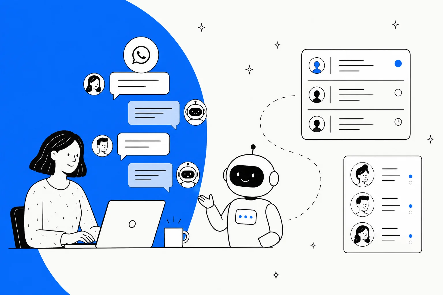 Hand-drawn illustration of a support agent at a laptop with WhatsApp chat bubbles, a friendly AI robot, and help desk ticket and contact lists