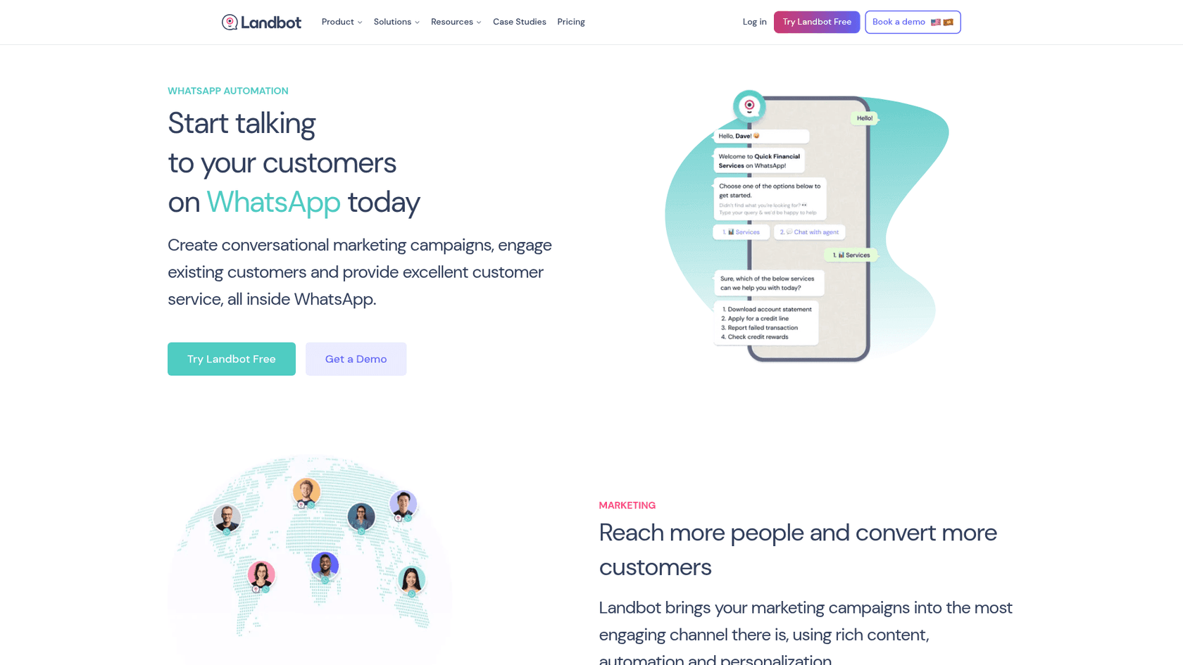 Landbot WhatsApp page reading "Start talking to your customers on WhatsApp today" with an illustrated phone showing a menu flow, as captured from Landbot