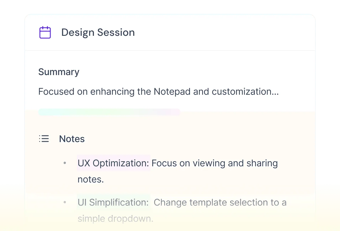 Fireflies' AI-generated meeting summary card with notes broken into labelled sections, as taken from Fireflies
