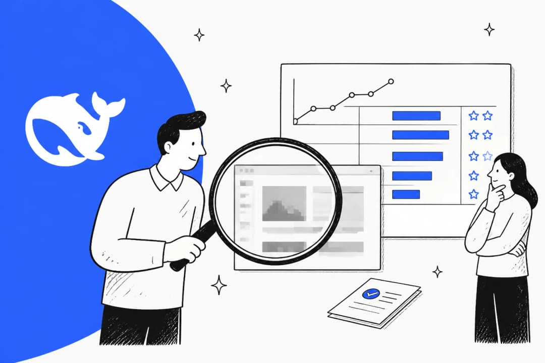 Hand-drawn illustration of a magnifying glass held over a blurred screenshot beside a benchmark scorecard and the DeepSeek whale