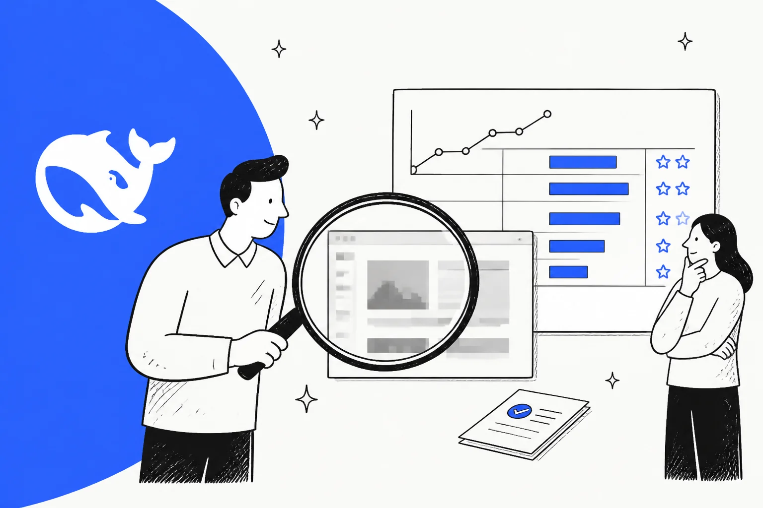 Hand-drawn illustration of a magnifying glass held over a blurred screenshot beside a benchmark scorecard and the DeepSeek whale