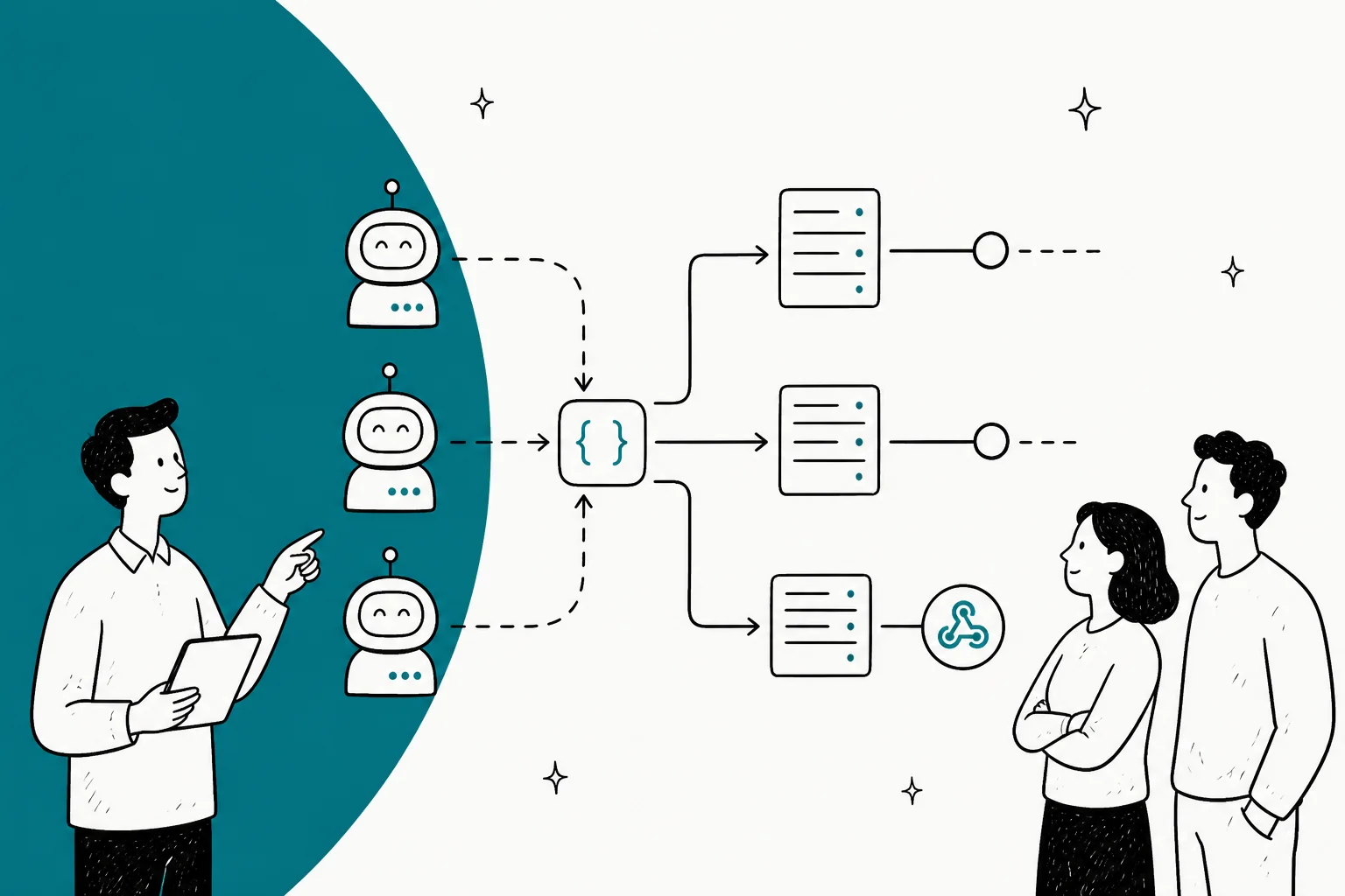 Illustration of a service-to-service AI agent waking on an event and calling other services' APIs with no human interface