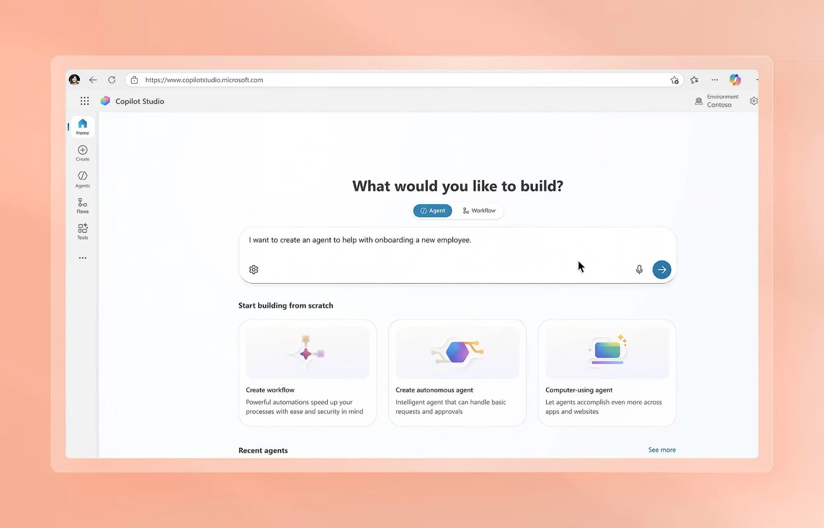 Copilot Studio asking what you want to build, with options to create an autonomous agent or a computer-using agent, as shown by Microsoft
