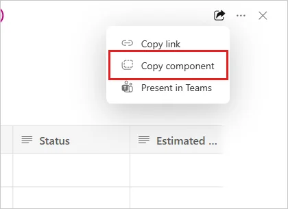 The Copilot Pages share menu with the Copy component option for pasting a live page into Teams, Outlook, or OneNote, as taken from Microsoft Support