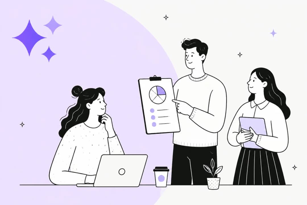 Illustration of a team reviewing a pricing chart on a clipboard, in Mio purple