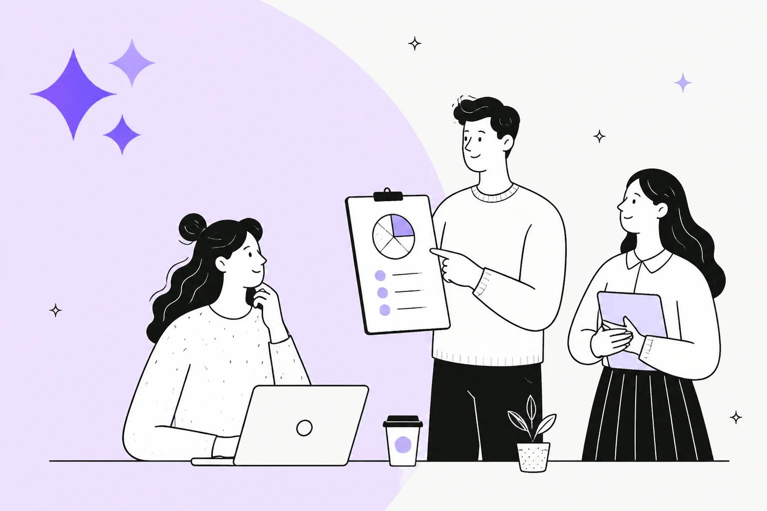 Illustration of a team reviewing a pricing chart on a clipboard, in Mio purple
