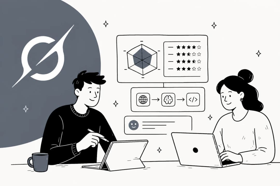 Hand-drawn illustration with the Grok logomark and a review scorecard showing mixed star ratings across categories