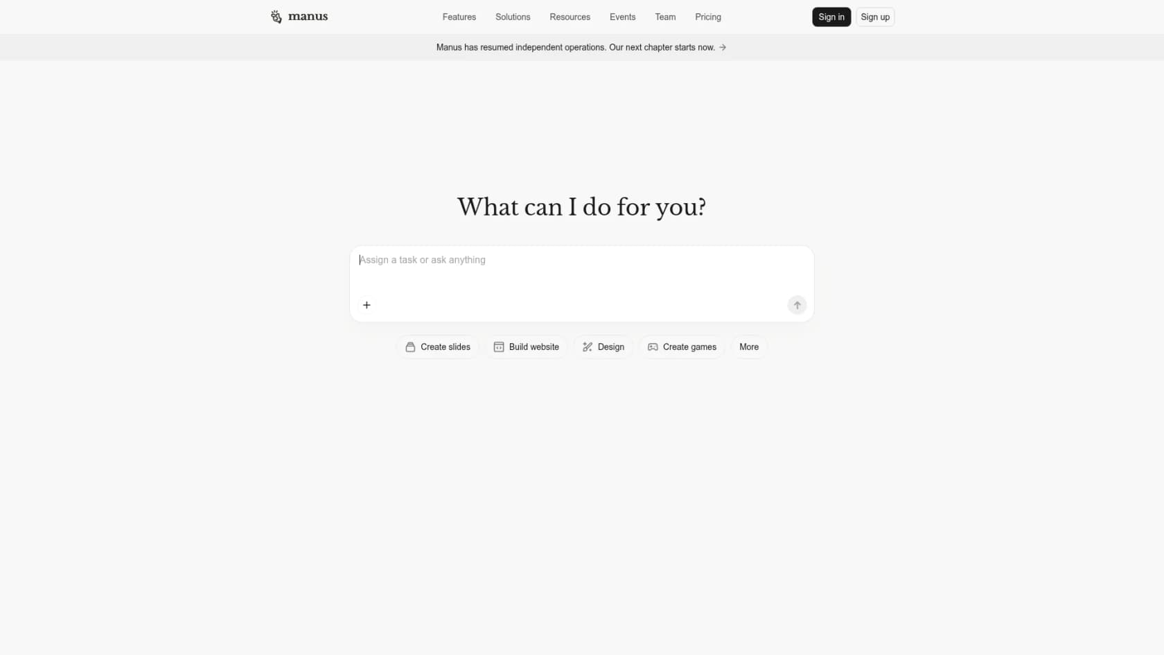 The Manus homepage, whose single "What can I do for you?" prompt box drives the whole product, as taken from Manus