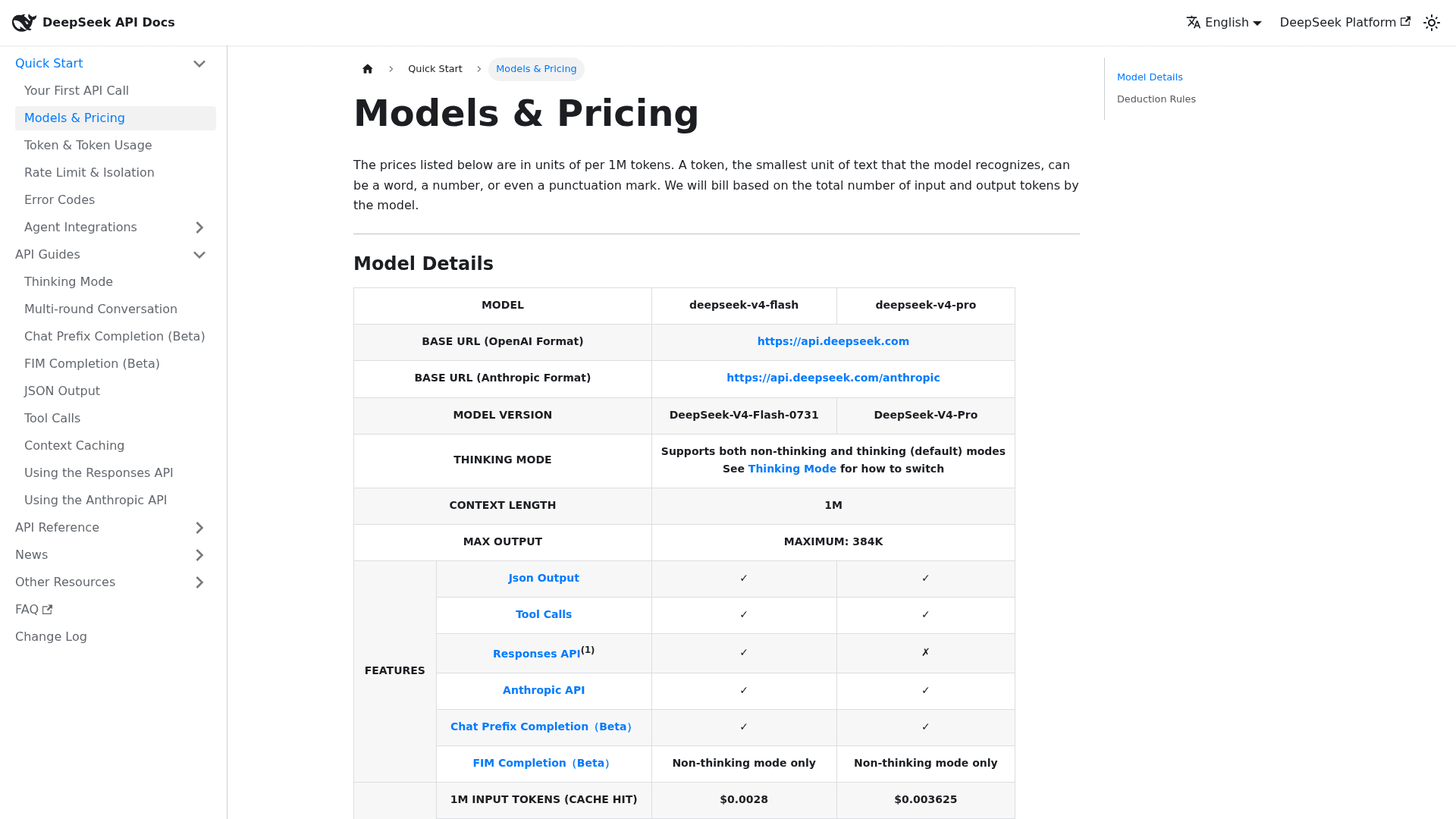 The DeepSeek API models and pricing card showing deepseek-v4-flash and deepseek-v4-pro side by side with their cache-hit, cache-miss and output rates, as taken from DeepSeek