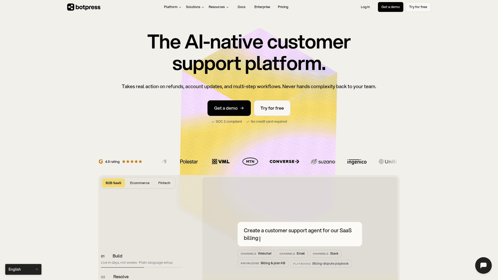Botpress homepage describing an AI-native customer support platform